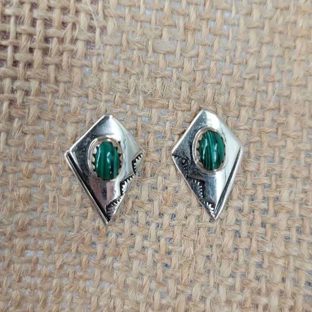 Sterling Silver and Green Malachite Native American Navajo Earrings Pierced Stud